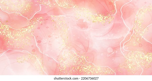 Marbled rose blush liquid watercolor background with golden lines, dots and stains. Pastel pink marble alcohol ink drawing effect. Vector illustration design template for wedding invitation