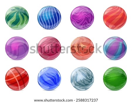 Marbles game balls. Glossy spheres with different abstract shapes and geometric patterns. Kids toys. Transparent colored elements. 3D crystal orb. Bead reflection. Vector