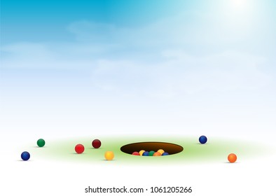 Marbles game with balls and hole under blue sky - vector illustration