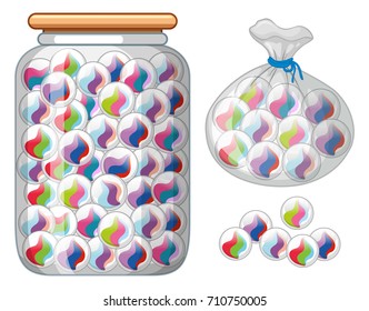 Marbles in glass jar and bag illustration