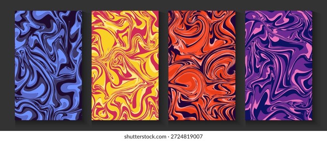 Conjunto de cubiertas de colores líquidos de mármoles. Mezcla de colores brillantes. Textura de mármol líquido. Aplicable para la cubierta del diseño, presentación, invitación, volante, informe anual, cartel y tarjeta de visita, diseño