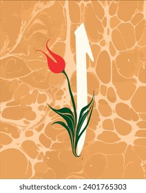 Marbling Art red tulip and Arabic Alif letter background, Turkish art of water marbling.