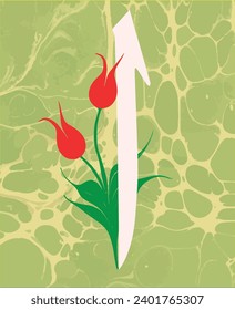 Marbling Art red tulip and Arabic Alif letter background, Turkish art of water marbling.