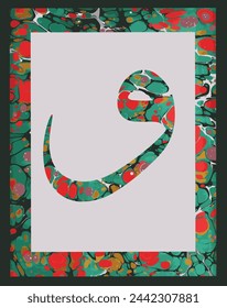 Marbling Art red tulip and Arabic  waw letter background, Turkish art of water marbling.