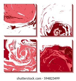 Marbling, ebru, suminagashi. Set of cards with texture, the effect of ink on the water. Abstract background. Invitations, congratulations, postcards, packing. Design of cards. Vector illustration.