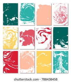 Marbling, ebru, suminagashi. Set of cards with texture, the effect of ink on the water. Abstract background. Design of cards. Vector illustration.
