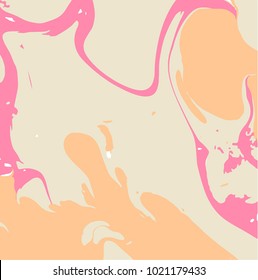 Marbling paint splash texture. Trendy background in warm pinky color harmony