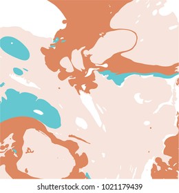Marbling paint splash texture. Trendy background in pastel cream and turquoise color harmony 