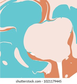 Marbling paint splash texture. Trendy background in pastel cream and turquoise color harmony 