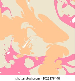 Marbling paint splash texture. Trendy background in warm pinky color harmony