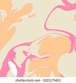 Marbling paint splash texture. Trendy background in warm pinky color harmony
