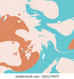 Marbling paint splash texture. Trendy background in pastel cream and turquoise color harmony