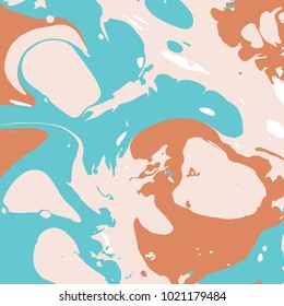Marbling paint splash texture. Trendy background in pastel cream and turquoise color harmony