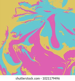 Marbling paint splash texture. Trendy background in turquoise , ink and yellow colors