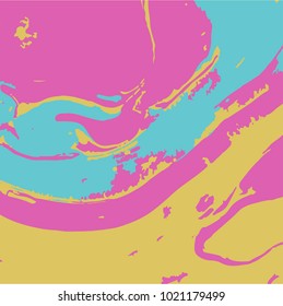Marbling paint splash texture. Trendy background in turquoise , ink and yellow colors 