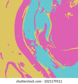Marbling paint splash texture. Trendy background in turquoise , ink and yellow colors 