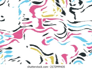 Marbling seamless pattern in ikat technique. Pink, light blue, yellow and black chaotic abstract curves on the white background