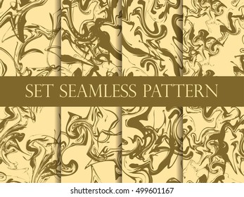 Marbling seamless pattern set. Gold color. Watercolor marbling illustration. Drawing on the water. Vector illustration.