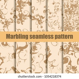 Marbling seamless pattern set. Marbled paper watercolor. Drawing on the water. Grunge textures. Vector illustration