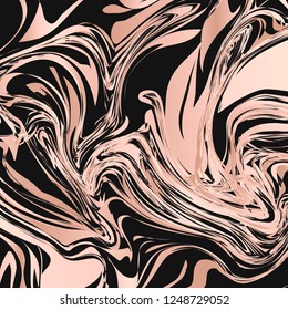 Marbling surface abstract background. Liquid flow effect backdrop. Watercolor stains painting. Black and rose gold marble texture vector illustration. Easy to edit template for your design projects.