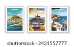 Marburg, Germany. Marseille, France. Menorca, Spain - Set of 3 Vintage Travel Posters. Vector illustration. High Quality Prints