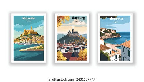 Marburg, Alemania. Marsella, Francia Menorca, España - Set de 3 Carteles de Viajes Vintage. Ilustración vectorial. Impresiones de alta calidad