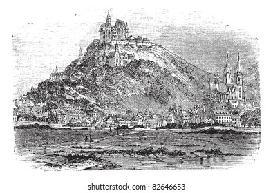 Marburg in Hessen, Germany, during the 1890s, vintage engraving. Old engraved illustration of Marburg with river Lahn in front. Trousset encyclopedia (1886 - 1891).