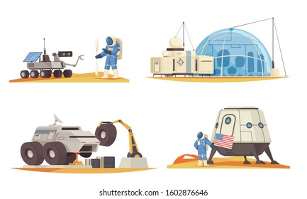 Marc colonization mission components 4 flat composition with planting flag astronaut spacecraft rover horticultural area vector illustration 
