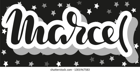 Marcel Men's name stars pattern Hand sketched lettering vector illustration EPS 10 Template as banner, card, design, print, poster. Typography wallpaper. Modern calligraphy. Drawn inspirational