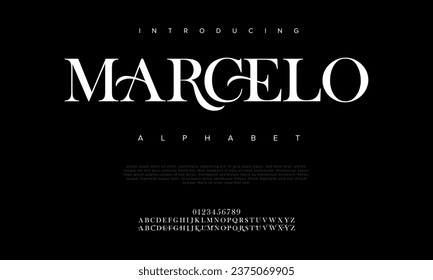 Marcelo premium luxury elegant alphabet letters and numbers. Elegant wedding typography classic serif font decorative vintage retro. Creative vector illustration