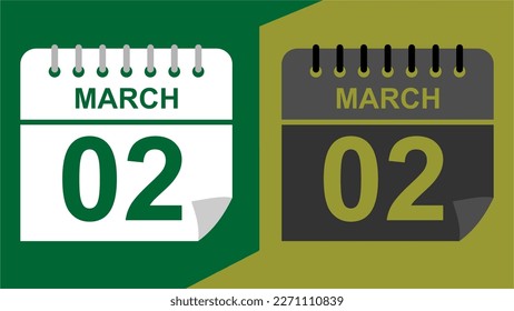 march 02 calendar date on green background or isolated icons with hollow background.