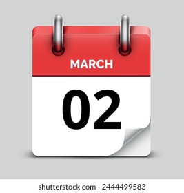 March 02 daily realistic red calendar icon date vector image