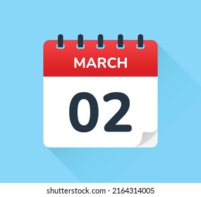 March 02, second of the month. Vector flat design of daily calendar icon. Date and day of the year