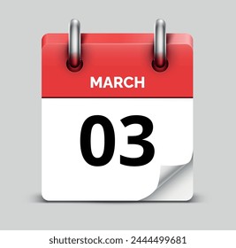 March 03 daily realistic red calendar icon date vector image