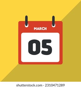 March 05 vector icon calendar Date, day and month Vector illustration, colorful background.