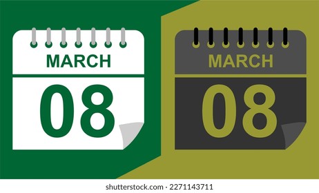 march 08 calendar date on green background or isolated icons with hollow background.