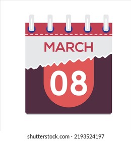 March 08. Vector flat daily calendar icon. Date and time, day, month. Holiday. Season. White Background