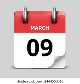 March 09 daily realistic red calendar icon date vector image