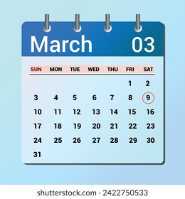 March 09. Flat icon calendar isolated on blue background. Date and month vector illustration