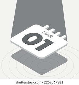 March 1 - Black and white 3D calendar floating with spotlight on white background