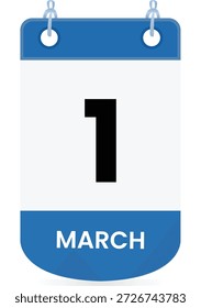March 1 calendar icon features a clean, minimal flat design with a blue and white color scheme. Ideal for websites, mobile apps, planners, schedules, reminders, event announcements, and digital calendars. The vector-style illustration clearly highlights the first day of March, making it perfect for date-based UI design, productivity tools, social media posts, and educational or business projects.