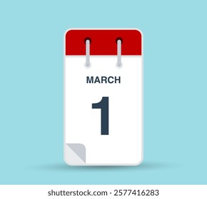 March 1 calendar icon isolated on background. March vector for day of week and month in red. Calendar design vector template. Vertical orientation.