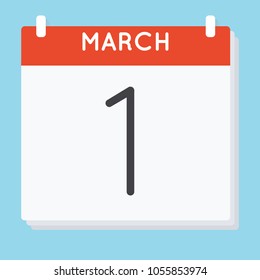 March 1. Calendar icon. Vector illustration in flat design isolated in blue background. Date and time, day, month.