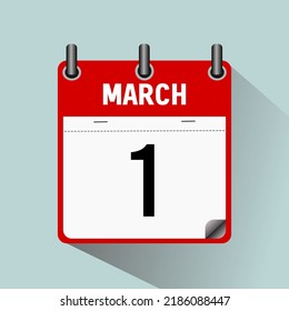 1 de marzo, ilustración vectorial de icono del calendario, aislado en fondo azul claro.