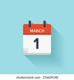 March 1. Calendar icon.Vector illustration,flat style.Date,day of month:Sunday,Monday,Tuesday,Wednesday,Thursday,Friday,Saturday.Weekend,red letter day.Calendar for 2017 year.Holidays in March.