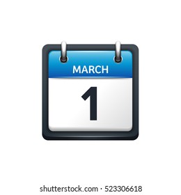 March 1. Calendar icon.Vector illustration,flat style.Month and date.Sunday,Monday,Tuesday,Wednesday,Thursday,Friday,Saturday.Week,weekend,red letter day. 2017,2018 year.Holidays.