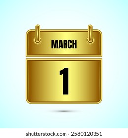 March 1 calendar and time planner on gold background. Daily calendar icon, schedule symbol