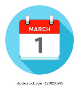March 1 Date on a Single Day Calendar in Flat Style with long flat shadow on a blue background