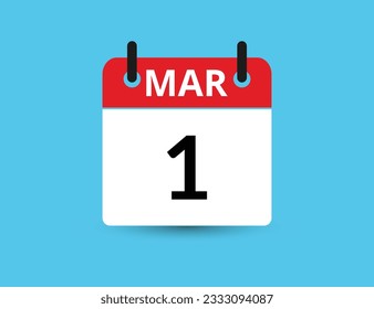 March 1. Flat icon calendar isolated on blue background. Date and month vector illustration