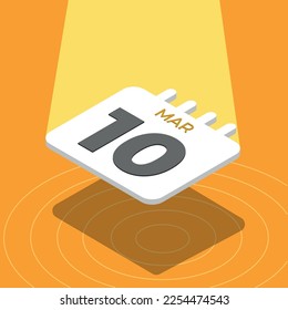 10 de marzo - calendario 3D flotando con foco en fondo amarillo